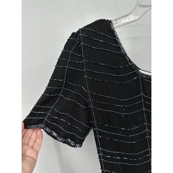 vintage 90s SCALA dress formal beaded cocktail 100% silk party evening black M - Picture 4 of 11